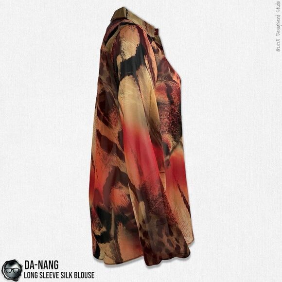 DA-NANG BOHEME SILK BUTTON DOWN LONG SLEEVE BLOUSE IN VINTAGE SUNSET ABSTRACT - Picture 2 of 12